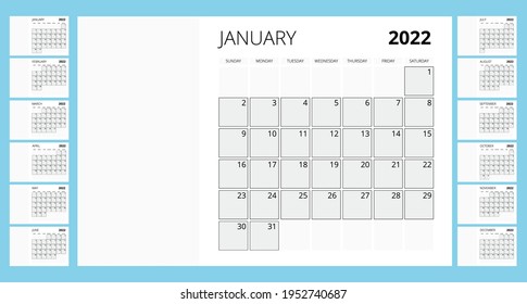 Calendar Planner for 2022. Calendar template for 2022. Stationery Design Print Template with Place for Photo, Your Logo and Text. Corporate and business calendar.