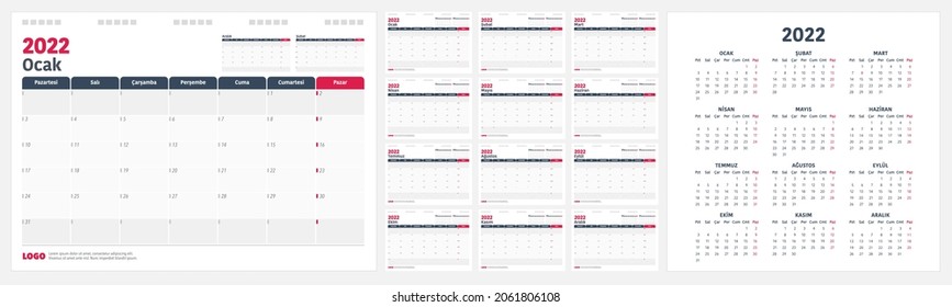 Calendar Planner 2022 in Turkish language. Week start Monday, corporate design planner template.