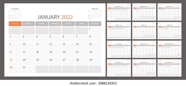 Calendar planner 2022,  vector schedule month calender,  organizer template. Week starts on Sunday. Business personal page. Modern simple illustration