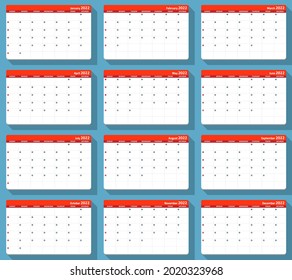 Calendario 2022. Plantilla de planificación de diseño corporativo de la semana de inicio del domingo.