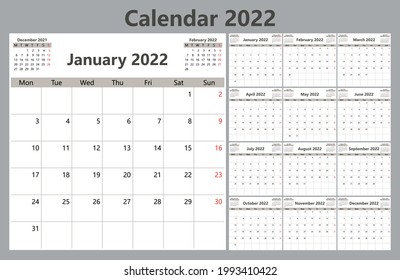 Calendar planner for 2022. The week starts on Monday. Vector illustration