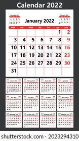 Calendar planner for 2022. The week starts on Monday. Vector illustration