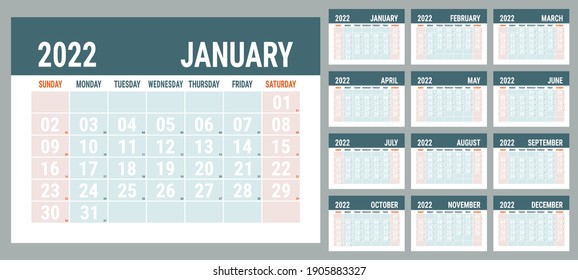 Calendar Planner 2022 Year. English Template. Vector Horizontal Grid. Landscape Orientation. Office Business Planning. Creative Design. Red And Grey Color