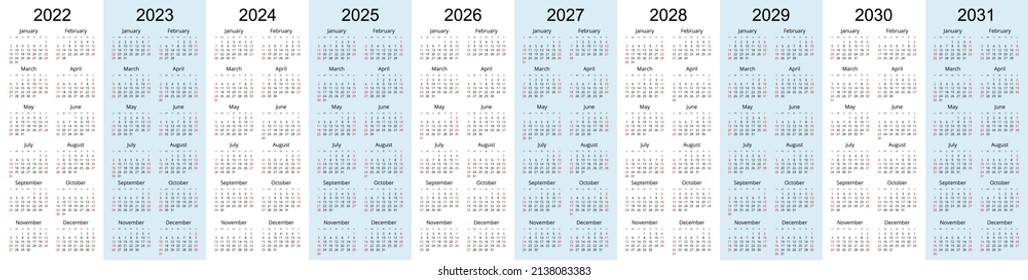 Calendar Planner 2023, 2024, 2025, 2026, 2027, 2028, 2029, 2030, 2031. Calendar template. Design Print Template. Week Starts on Sunday svg