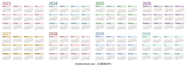 Calendar Planner 2023, 2024, 2025, 2026, 2027, 2028, 2029, 2030. Calendar template. Design Print Template. Week Starts on Sunday