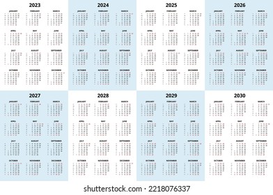 Calendar Planner 2023 - 2030. Calendar template. Design Print Template.
