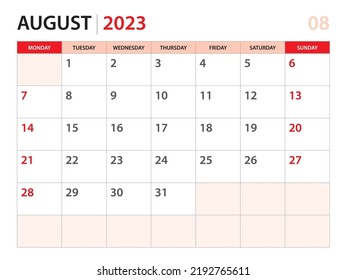 Calendar planner 2023 - August 2023 template, week start on Monday, Desk calendar 2023 year, simple and clean design, Wall calendar design, Corporate design planner template, red background