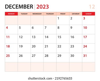 Calendar planner 2023 - December 2023 template, week start on Monday, Desk calendar 2023 year, simple and clean design, Wall calendar design, Corporate design planner template, red background