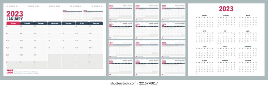 Calendar Planner 2023 in English language. Week start Sundey, corporate design planner template.