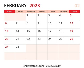 Calendar planner 2023 - February 2023 template, week start on Monday, Desk calendar 2023 year, simple and clean design, Wall calendar design, Corporate design planner template, red background