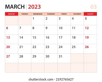 Calendario planificador 2023 - plantilla de marzo de 2023, inicio de semana el lunes, calendario de escritorio 2023 año, diseño simple y limpio, diseño de calendario de pared, plantilla de planificación de diseño corporativo, fondo rojo