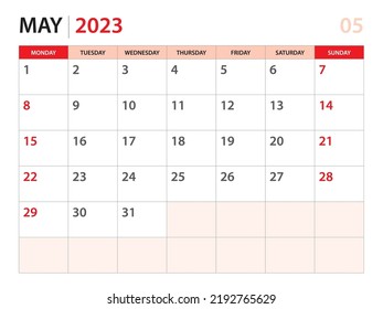 Calendar planner 2023 - May 2023 template, week start on Monday, Desk calendar 2023 year, simple and clean design, Wall calendar design, Corporate design planner template, red background