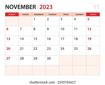 Calendar planner 2023 - November 2023 template, week start on Monday, Desk calendar 2023 year, simple and clean design, Wall calendar design, Corporate design planner template, red background