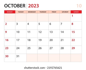 Calendar planner 2023 - October 2023 template, week start on Monday, Desk calendar 2023 year, simple and clean design, Wall calendar design, Corporate design planner template, red background