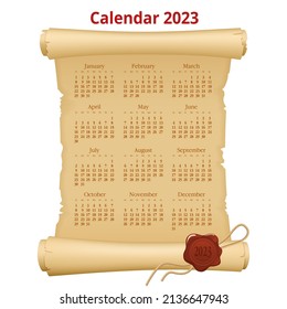 Calendar Planner for 2023 on old paper. Calendar template for 2023. Stationery Design Print Template. Week Starts on Sunday.