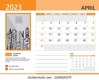 Calendar planner 2023 and Set of 12 Months, April 2023 template, week start on Sunday, Desk calendar 2023 design, simple and clean design, Wall calendar, Corporate design planner, orange background