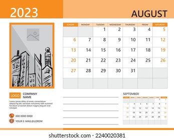 Calendar planner 2023 and Set of 12 Months, August 2023 template, week start on Sunday, Desk calendar 2023 design, simple and clean design, Wall calendar, Corporate design planner, orange background