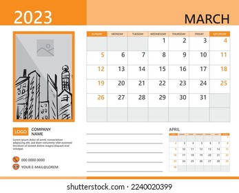 Calendar planner 2023 and Set of 12 Months, March 2023 template, week start on Sunday, Desk calendar 2023 design, simple and clean design, Wall calendar, Corporate design planner, orange background