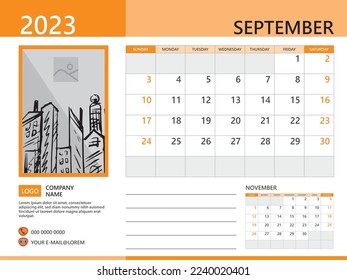 Calendar planner 2023 and Set of 12 Months, September 2023 template, week start on Sunday, Desk calendar 2023 design, simple and clean design, Wall calendar, Corporate design planner, orange color