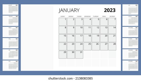 Calendar Planner for 2023. Calendar template for 2023. Corporate and business calendar. Stationery Design Print Template. Week Starts on Sunday.