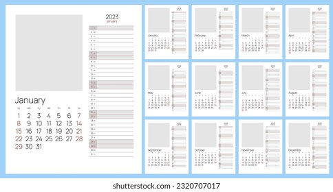 Calendar Planner for 2023. Calendar template for 2023. Stationery Design Print Template. Calendar Planner Organization Management.