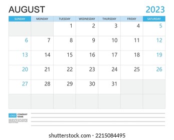 Calendario planner 2023 plantilla - Agosto de 2023 año, semana de inicio el domingo, calendario de escritorio diseño 2023, diseño simple y limpio, calendario de pared, planeamiento de diseño corporativo vector de plantilla
