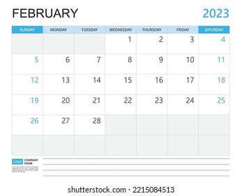 Calendario planner 2023 plantilla-febrero de 2023 año, semana de inicio el domingo, calendario de presentación 2023 diseño, diseño simple y limpio, calendario de pared, planilla de diseño corporativo vector