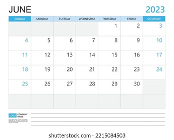 Calendar planner 2023 template-June 2023 year, week start on Sunday, Desk calendar 2023 design, simple and clean design, Wall calendar, Corporate design planner template vector