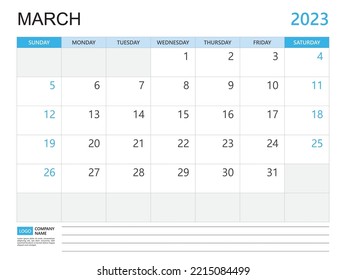 Calendar planner 2023 template-March 2023 year, week start on Sunday, Desk calendar 2023 design, simple and clean design, Wall calendar, Corporate design planner template vector