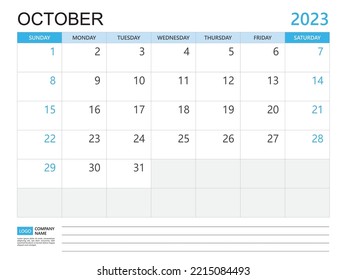 Calendar planner 2023 template-October 2023 year, week start on Sunday, Desk calendar 2023 design, simple and clean design, Wall calendar, Corporate design planner template vector
