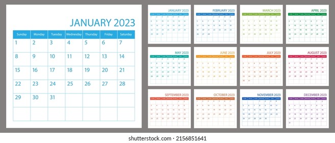 Calendar planner 2023,  vector schedule month calender, organizer template. Week starts on Sunday. Business personal page. Modern simple illustration