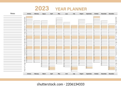 Calendar planner for 2023. Wall organizer, annual planner template. Vector illustration. Vertical months. One page. Set for 12 months. svg