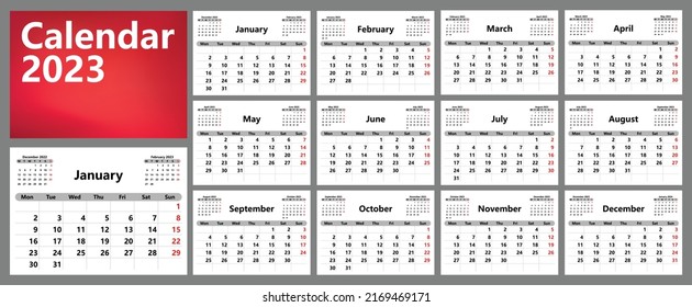 Calendar planner for 2023. The week starts on Monday. Vector illustration