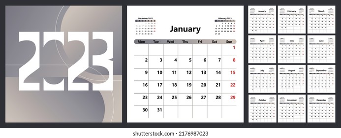 Calendar planner for 2023. The week starts on Monday. Vector illustration