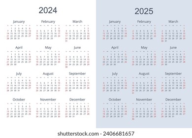 Planificador del calendario para 2024, 2025. Plantilla del calendario para 2024, 2025. Calendario corporativo y comercial 24, 25. La semana empieza el domingo