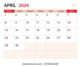 Kalenderplaner 2024 - April 2024 Vorlage, Wochenstart am Montag, Schreibtischkalender 2024 Jahr, einfaches und sauberes Design, Wandkalender-Design, Corporate Design-Planer-Vorlage, roter Hintergrund