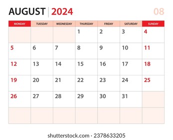 Calendar planner 2024 - August 2024 template, week start on Monday, Desk calendar 2024 year, simple and clean design, Wall calendar design, Corporate design planner template, red background