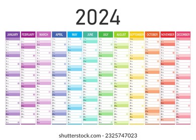 Calendar planner for 2024. Colorful wall calendar in English on a white background. Vector template