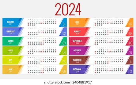 Calendar planner for 2024. Colorful wall calendar in English on a white background. Horizontal, landscape orientation