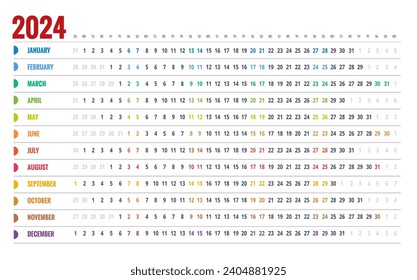 Calendar planner for 2024. Colorful wall calendar in English on a white background. Horizontal, landscape orientation