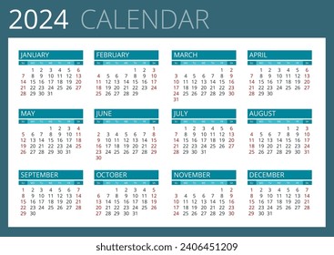 Calendar planner for 2024. Colorful wall calendar in English on a white background. Calendar template for 2024. Corporate and business calendar 24. Week Starts on Sunday