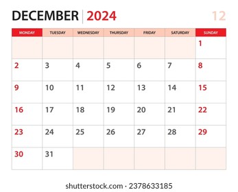 Calendar planner 2024 - December 2024 template, week start on Monday, Desk calendar 2024 year, simple and clean design, Wall calendar design, Corporate design planner template, red background