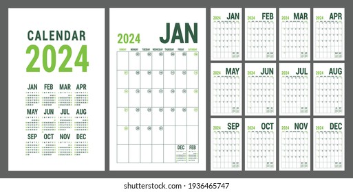 Calendar planner 2024. English calender green template. Vector grid. Office business planning. Creative trendy design