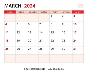 Calendario planificador 2024 - plantilla de marzo de 2024, inicio de semana el lunes, calendario de escritorio 2024 año, diseño simple y limpio, diseño de calendario de pared, plantilla de planificación de diseño corporativo, fondo rojo