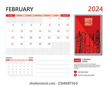 Calendar planner 2024 and Set of 12 Months, February 2024 template, week start on Sunday, Desk calendar 2024 design, simple and clean design, Wall calendar, Corporate design planner template vector