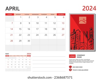 Calendar planner 2024 and Set of 12 Months, April 2024 template, week start on Sunday, Desk calendar 2024 design, simple and clean design, Wall calendar, Corporate design planner template vector