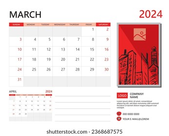 Kalenderplaner 2024 und Satz von 12 Monaten, Vorlage März 2024, Woche beginnt am Sonntag, Desk Kalender 2024 Design, einfaches und sauberes Design, Wall Kalender, Corporate Design-Planer-Vorlage Vektorgrafik