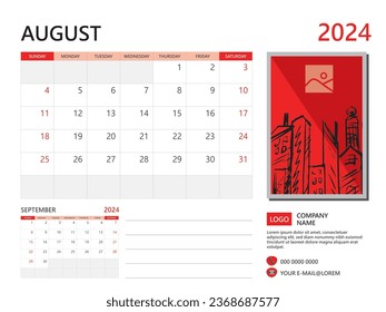 Calendar planner 2024 and Set of 12 Months, August 2024 template, week start on Sunday, Desk calendar 2024 design, simple and clean design, Wall calendar, Corporate design planner template vector