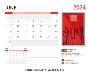 Calendar planner 2024 and Set of 12 Months, June 2024 template, week start on Sunday, Desk calendar 2024 design, simple and clean design, Wall calendar, Corporate design planner template vector