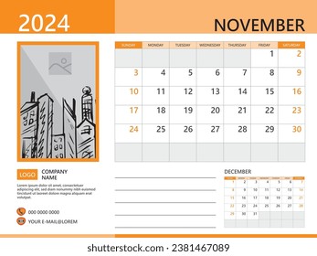 Calendar planner 2024 and Set of 12 Months, November 2024 template, week start on Sunday, Desk calendar 2024 design, simple and clean design, Wall calendar, Corporate design planner, orange background